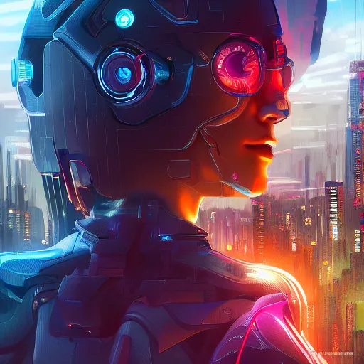 Prompt: cyborg lady watching a futuristic city, vibrant colors, trending on artstation, smooth, detailed, sharp focus, realistic, masterpiece, epic, realistic,volumetric lighting, great, uhd, 4k, by artstation