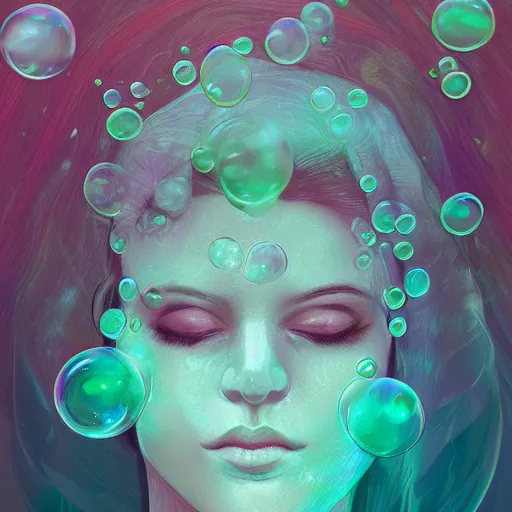 Image similar to face portrait of a woman underwater inspired by lois van baarle, iridescent, bubbles, seaweed