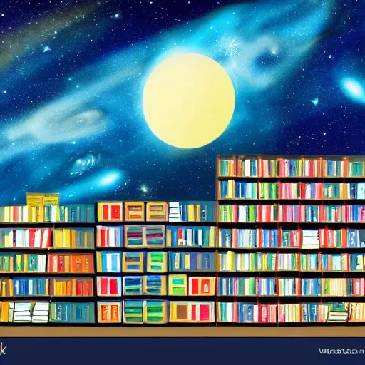 Image similar to panting of book store in space