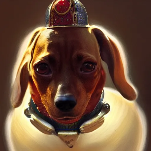 Image similar to dachshund as humpty dumpty | highly detailed | very intricate | elaborate outfit | symmetrical | cinematic lighting | award - winning | closeup portrait | painted by donato giancola and mandy jurgens and charlie bowater | featured on artstation