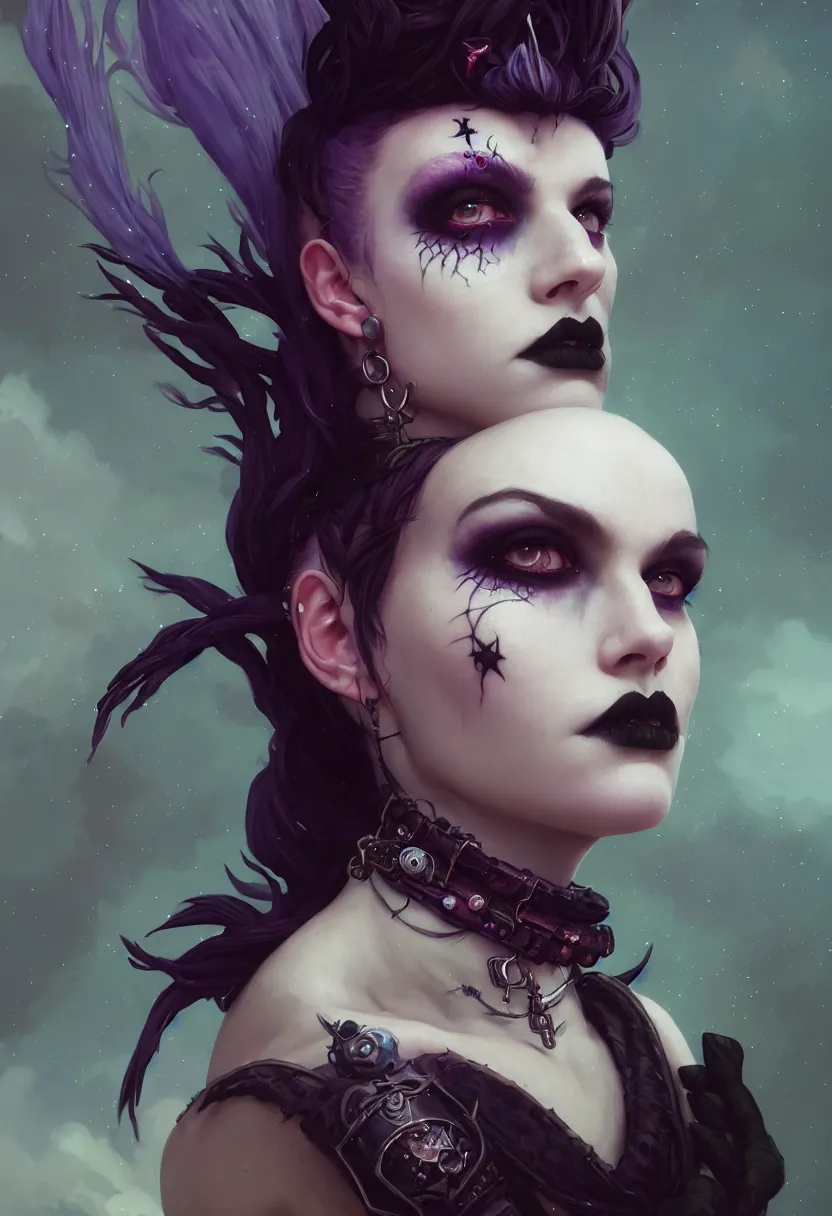 Image similar to beautiful very extreme closeup portrait, goth girl, piercings collar, mohawk hairstyle, medieval dress. witch, makeup. unreal engine, greg rutkowski, loish, rhads, beeple, tom bagshaw, alphonse mucha, global illumination, detailed and intricate environment