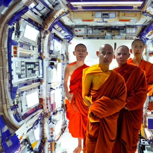 Prompt: Thai Buddhist monks on alms round on a space station in orbit.