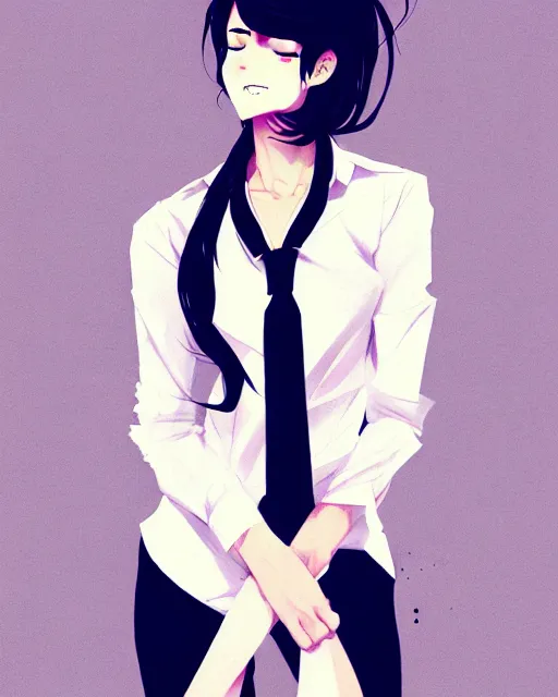 Image similar to a ultradetailed full body portrait of a woman dressed in a white shirt with a tie, by conrad roset, greg rutkowski and makoto shinkai trending on artstation