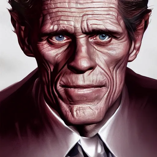 Image similar to william dafoe, portrait, in the style of alex ross, 2 d, 4 k, unreal, intricate, digital painting, highly detailed, artstation, sharp focus, illustration,