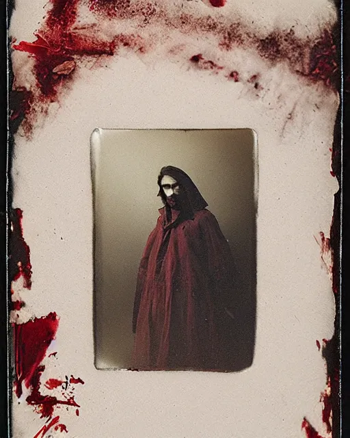 Image similar to an instant photo of the handsome but sinister ghosts of brothers in layers of fear, with violence in his eyes, 1 9 7 0 s, seventies, woodlands, delicate embellishments, a little blood, crimson, painterly, offset printing technique, by alexandre cabanel