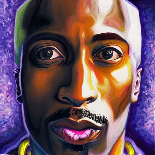 Image similar to a realistic oil painting of tupac shakur as a cybernetic cyborg, surrealism portrait, surrealism album cover