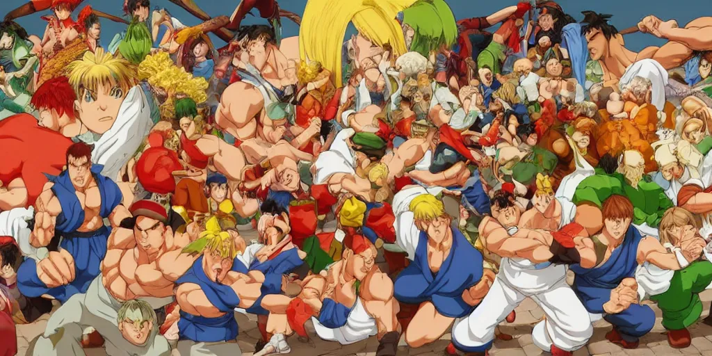 Image similar to A feast for the cast of street fighter 3, very detailed, anime, Delicious, Plump, Juicy, Hot Food, large white border, hd, 8k, Unreal Engine 5, high resolution print :1 by Hayao Miyazaki, Nausicaa, studio Ghibli style, Anime wallpaper, cell shading, trending on deviant art :1