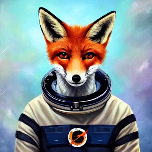 Image similar to portrait of a cute fox as an astronaut in a spaceship that has been to war and is in rough shape, had an eye patch:: in the style of charlie bowater, artgerm, realistic:: oil painting::