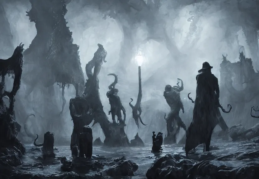 Prompt: painting of the figures of three investigators in a lovecraftian scenery, high contrast, concept art, dramatic lighting, digital art, 8 k, arkham city, call of cthulhu, extremely detailed, drawn by ruan jia