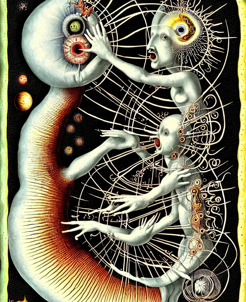 Image similar to whimsical freaky creature sings a unique canto about'as above so below'being ignited by the spirit of haeckel and robert fludd, breakthrough is iminent, glory be to the magic within, in honor to jupiter, painted by ronny khalil