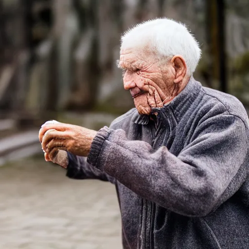 Image similar to An elderly man throwing a sausage, Canon EOS R3, f/1.4, ISO 200, 1/160s, 8K, RAW, unedited, symmetrical balance, in-frame