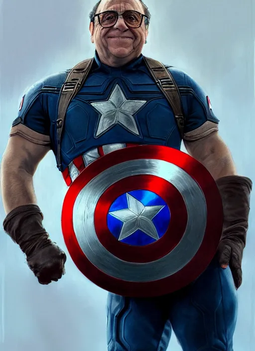 Image similar to Portrait of Danny Devito as Captain America, He is Holding his shield while posing, realistic, detailed, 4k by Greg Rutkowski Mark Arian trending on artstation