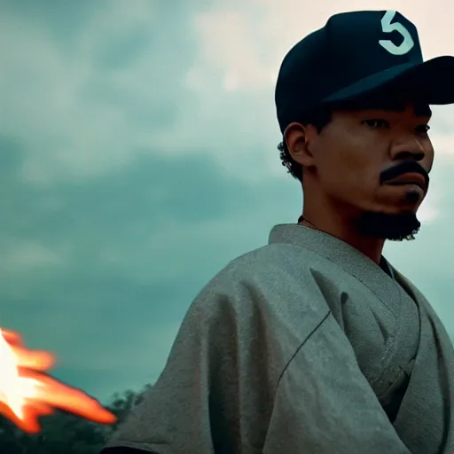 Image similar to cinematic film still of Chance The Rapper starring as a Samurai holding fire, Japanese CGI, VFX, 2022, 40mm lens, shallow depth of field, film photography