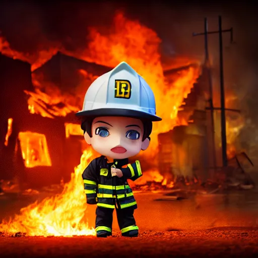 Prompt: dirty heroic firefighter in action as nendoroid in black and yellow uniform, with fire flames and ruined building in background, sharp details, sharp focus, anime, disney, pixar, 8 k, hd, dof, kodak film, volumetric lighting, subsurface scattering, photorealistic, octane render, details