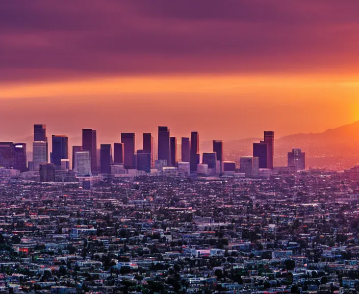 Image similar to 4 k hd, high detail photograph of los angeles at sunset, shot with sigma f / 4. 2, 2 5 0 mm sharp lens, wide shot, volumetric lighting, high level texture render, unreal engine