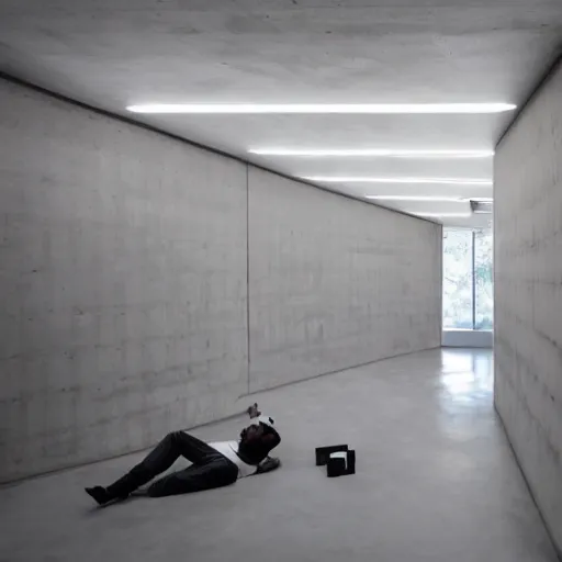 Prompt: a man taking a selfie in a large minimalistic concrete room. room contains upholstered sofas fluorescent ceiling lighting and a rectangular water feature in the center, a tilt shift photo by leandro erlich, featured on cg society, kitsch movement, hall of mirrors, high dynamic range, studio portrait
