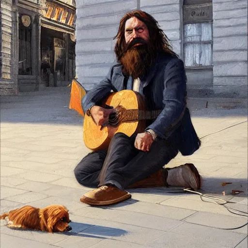 Image similar to oil painting of a man with long hair and a beard with his golden retrever dog playing guitar in the square for money people watching around, by greg rutkowski, artstation