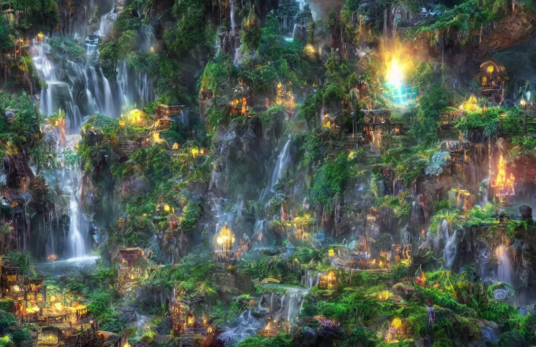 Image similar to magical fantasy town, background : giant bioluminscent waterfall, quaint vibes, epic fantasy, ultra hd render + 4 k uhd + immense detail + very crisp and clear image