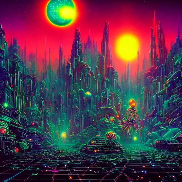 Prompt: mysterious astral city at night, glowing orbs, infinite sky, synthwave, bright neon colors, highly detailed, cinematic, tim white, philippe druillet, roger dean, ernst haeckel, lisa frank, michael whelan, kubrick, kimura, isono
