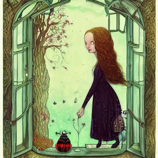 Image similar to a portrait of a woman standing infront of a window, she is happy and has lovely hair and eyes, a man is standing behind her with a look of suprise in his face, 🪴🌳🐝, 8 k, lowbrow, in the style of daniel merriam and alexander jansson,