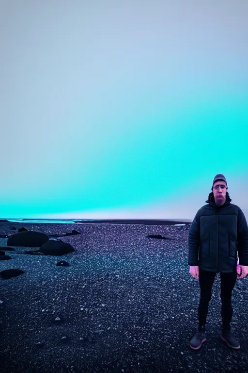 Image similar to high quality pastel coloured film wide angle selfie photograph of a plain looking male with cyber enhancement standing in an icelandic black rock environment. sarcastic expression. three point light. photographic. art directed. pastel colours. volumetric light. stark. waves glitch. 8 k. filmic.