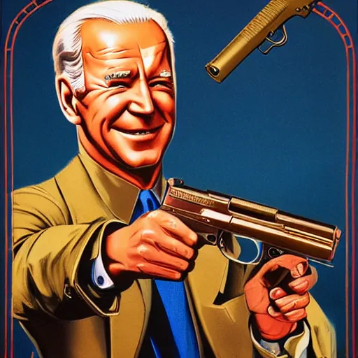 Image similar to propaganda poster of joe biden pointing gun directly at camera in james bond movie, closeup of gun, visible barrel and grip by j. c. leyendecker, bosch, lisa frank, jon mcnaughton, and beksinski