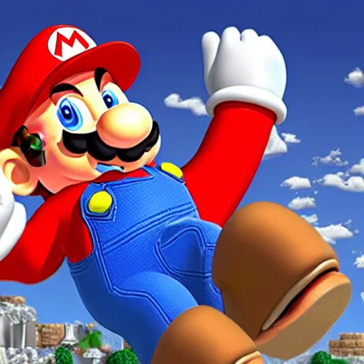 Image similar to mario with a broken neck, broken fingers, and crushed feet