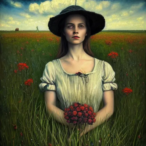 Image similar to a girl standing in a field, wearing black old dress and hat, by andrea kowch, andrea kowch style painting, dark, scene, magicrealism, flowers in background,