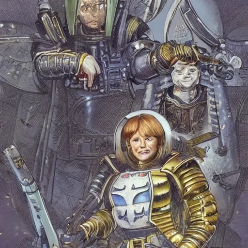 Prompt: a beautifully detailed warhammer 4 0 k portrait of angela merkel as inquisitor. western comic art by moebius.