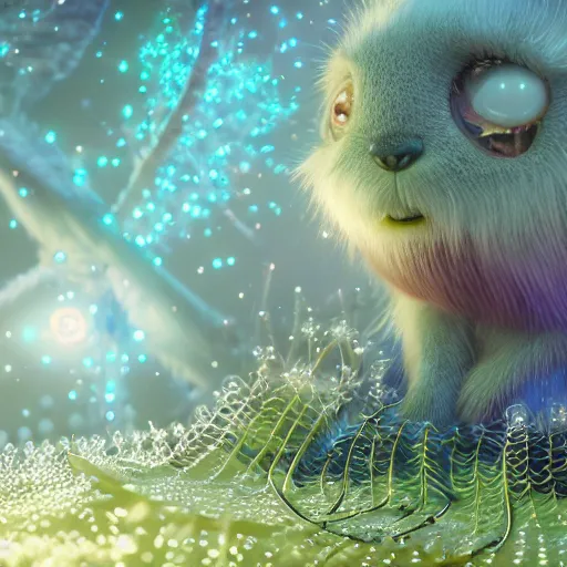 Image similar to tiny spells, vegetation, expressive eyes, floating, rbc, radiolaria, protophyta, micro - organisms, center frame, symmetric, rim light, marine microbiology, bioluminescence, electric, fur, soft, concept art, intricate details, highly detailed, colorful, photorealistic, disney pixar, octane render, iridescent, anime, 8 k