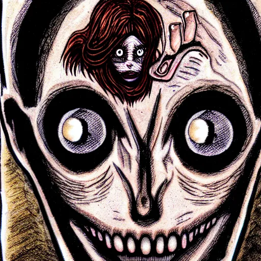 Image similar to a dark brown humanoid, hyper detailed, in the style of junji ito and and junji ito and junji ito, selfie