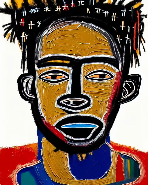 Image similar to A extremely highly detailed majestic hi-res beautiful immaculate head and shoulders award winning painting masterpiece of the face of a strong black african man by Jean-Michel Basquiat, 8k, high textures, hyper sharp, insanely detailed and intricate, super detailed, 8k HDR high quality