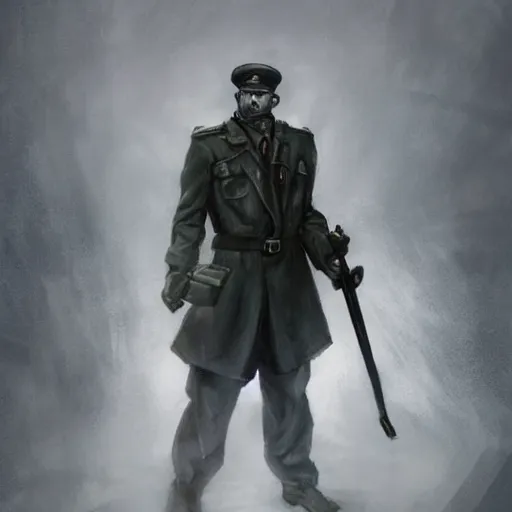 Prompt: scary 1920s soviet policeman, fog, darkness, evil, magic the gathering artwork, D&D, fantasy, cinematic lighting, centered, symmetrical, highly detailed, digital painting, artstation, concept art, smooth, sharp focus, illustration, volumetric lighting, epic Composition, 8k, art by Akihiko Yoshida and Greg Rutkowski and Craig Mullins, oil painting, cgsociety