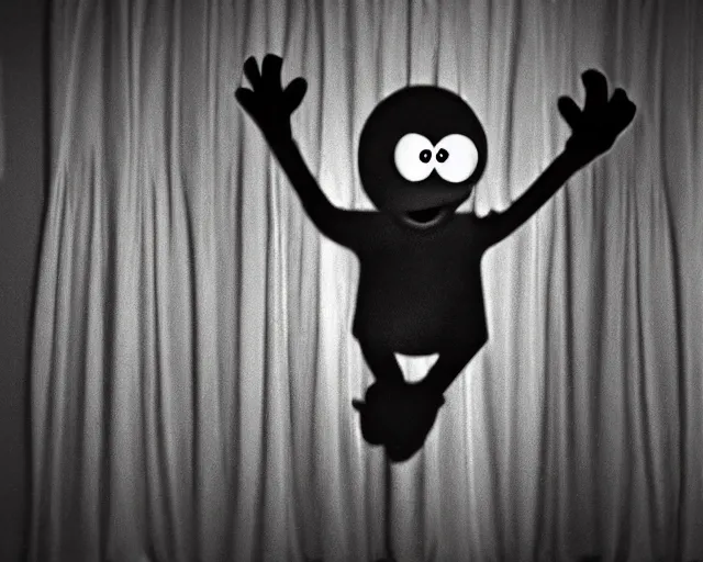 Prompt: scary elmo with long, slim, gangly arms, horror, slenderman, terror, night cam footage, monochrome