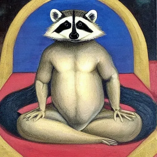 Image similar to a painting of a raccoon doing yoga in renaissance art style