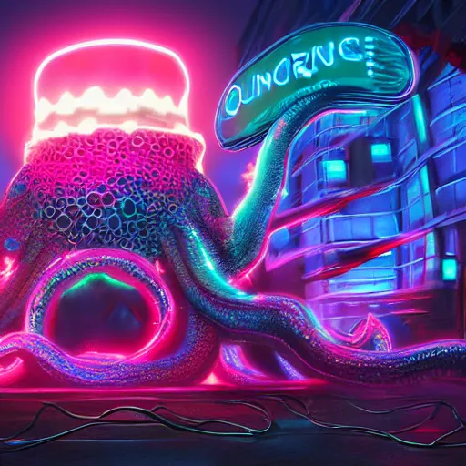 Image similar to big octopus monster burning neon city digital art, highly detailed, 4k,