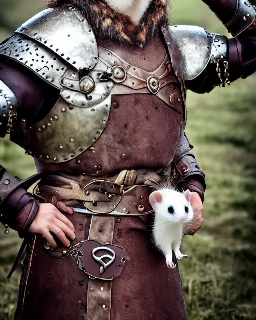 Image similar to ferret love warrior, furry, fantasy, viking, high detailed, hearts, photography, cloudy, lightweight leather armour, scandinavia, plain, detailed face, look into the distance, serious face, full body, in full growth, professional photographer, masterpiece, 5 0 mm, extremely detailed, digital art, middle ages, 8 k