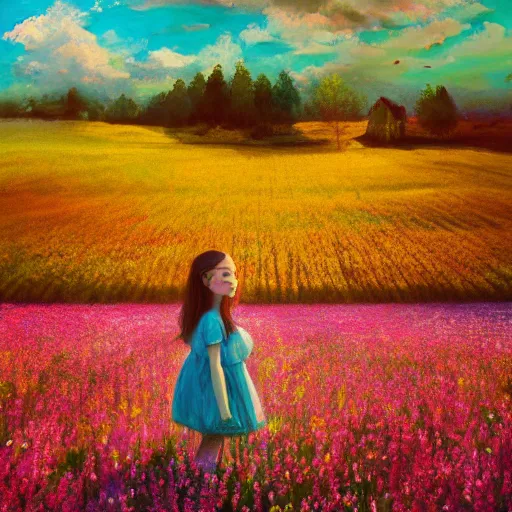 Image similar to flower girl with a flower face, surreal photography, dream, standing in flower field, in a valley, sunrise dramatic light, impressionist painting, colorful clouds, artstation, simon stalenhag