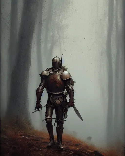 Image similar to Hyper realistic painting of a knight in full plate armor that has completely turned to rust, hyper detailed, surrounded by a dark forest, fog, moody, creepy, cinematic lighting, by greg rutkowski, trending on artstation