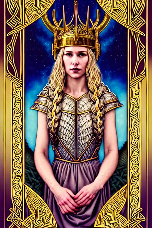 Prompt: beautiful and refined fractal tarot card featuring an ornate, realistic, and regal high key studio bust portrait of a beautiful attractive young viking queen with braided blonde hair and a helmet by Suicide Girls, by Dan Mumford, by Jim Fitzpatrick, by joe wilson, featured on deviant art, trending on artstation