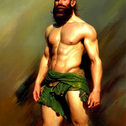 Image similar to young warrior marching, male, muscular, green eyes!!!!, straight nose!!!!!, beard, detailed face, thighs!!!!! gorgeous, amazing, muscular, intricate, highly detailed, painting by Gaston Bussiere, Craig Mullins