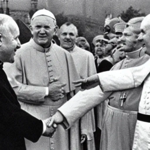 Prompt: pope john paul ii shaking hands with adolf hitler, realistic picture