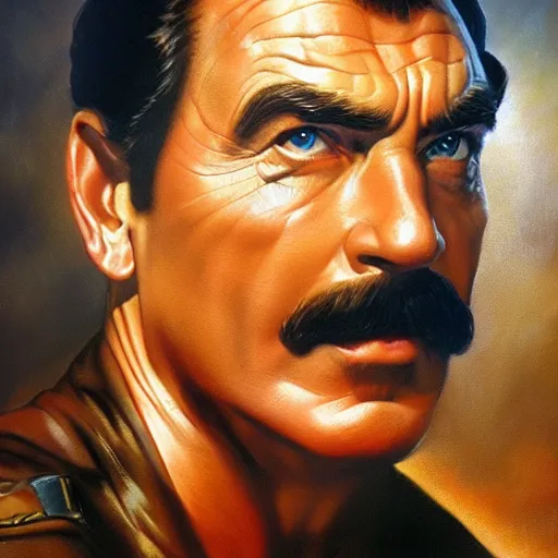 Image similar to ultra realistic portrait painting of tom selleck as the rock, art by frank frazetta, 4 k, ultra realistic, highly detailed, epic lighting