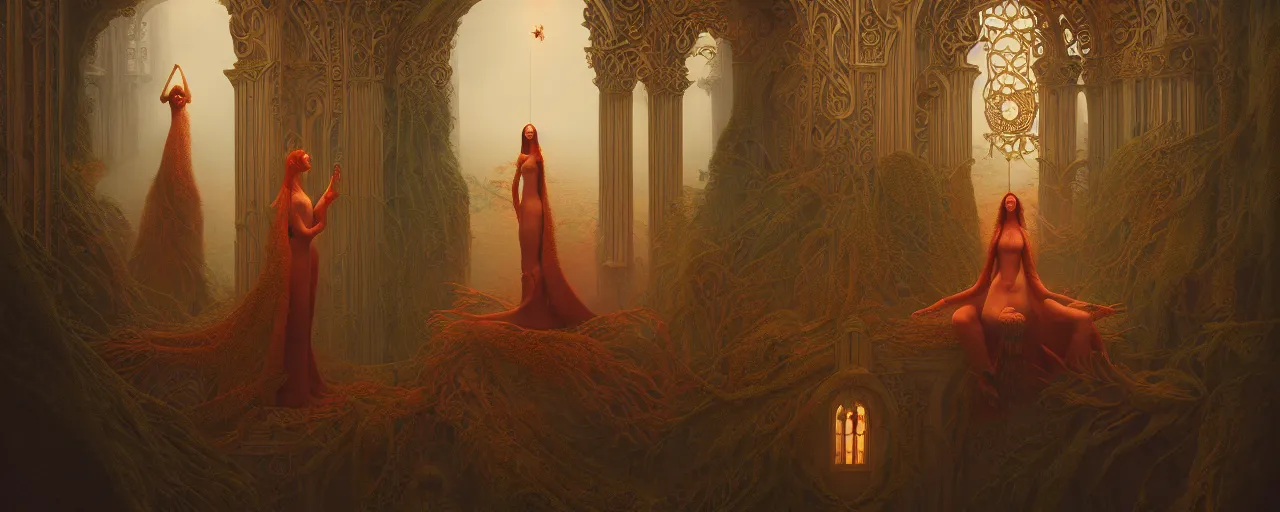 Prompt: vision of divine, moody : : wes anderson, roger dean, sophie anderson, esao andrews : : ornate, dynamic, particulate, intricate, elegant, highly detailed, rule of third, artstation, smooth, sharp focus, octane render, 3 d