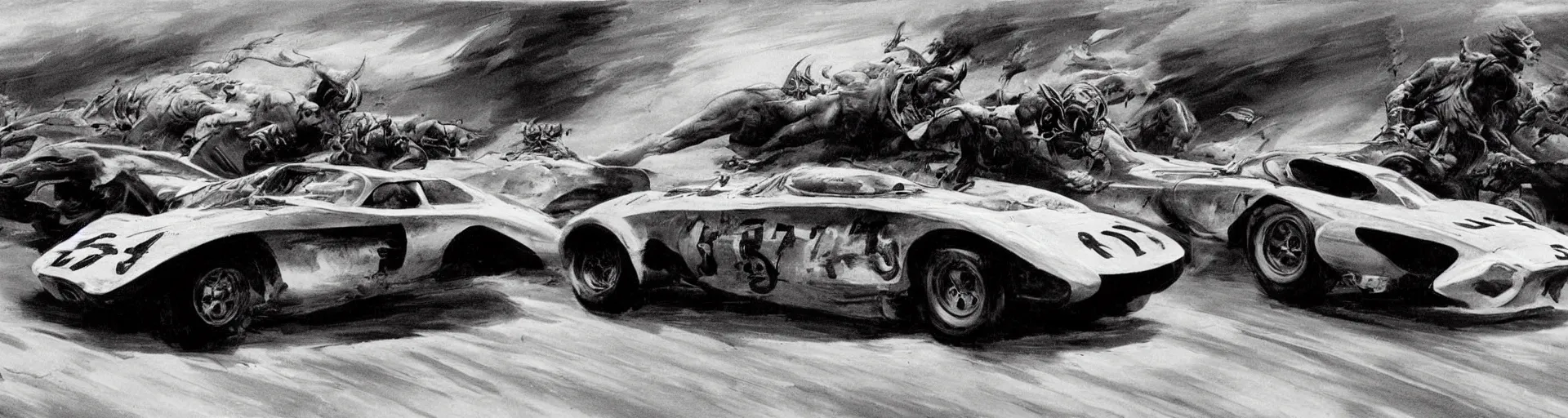 Prompt: a detailed car racing by frank frazetta