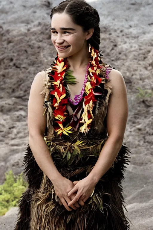 Prompt: Photo of Native Hawaii woman Emilia Clarke, portrait, skilled dancer in Hawaiian national costume, ancient, realistic, detailed, Emilia Clarke