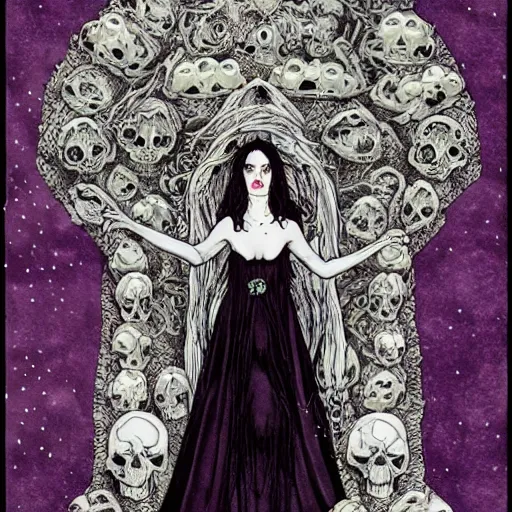 Image similar to the gothic wiccan beautiful queen witch occult woman sitting atop her throne made of skulls by gerald brom by anna steinbauer by kelly mckernan by edward gorey, trending on artstation