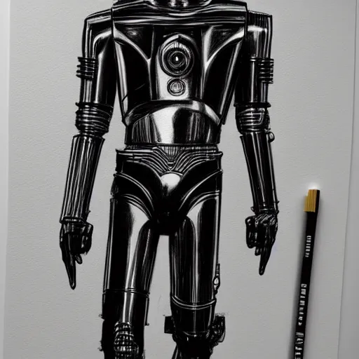 Prompt: full body black and white pencil sketch of muscular C3PO