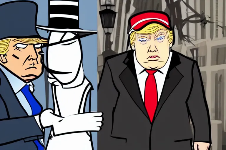 Prompt: 2 d poster illlustration donald trump and donald trump wearing trenchcoats and black spy hats for the movie spy vs spy