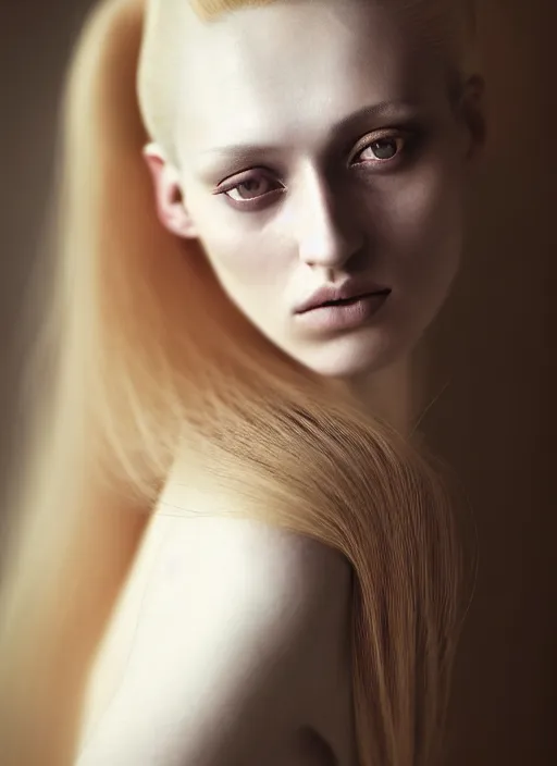 Image similar to portrait photography of a beautiful woman how Degas beauty type in style of Paolo Roversi, britt marling style 3/4 , natural color skin, hyper realistic eyes, long blond hair with intricate ornamental hairstyle, a beautiful ethereal transparent dress, 8K, soft focus, melanchonic soft light, volumetric lighting, highly detailed Realistic, Refined, Highly Detailed, natural sunset outdoor lighting, soft pastel lighting colors scheme, soft blur outdoor lighting, fine art fashion photography